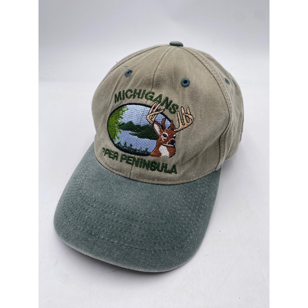 MICHIGAN Capsmith Upper Peninsula Hat OSFM Khaki Green Deer Embroidered Vintage